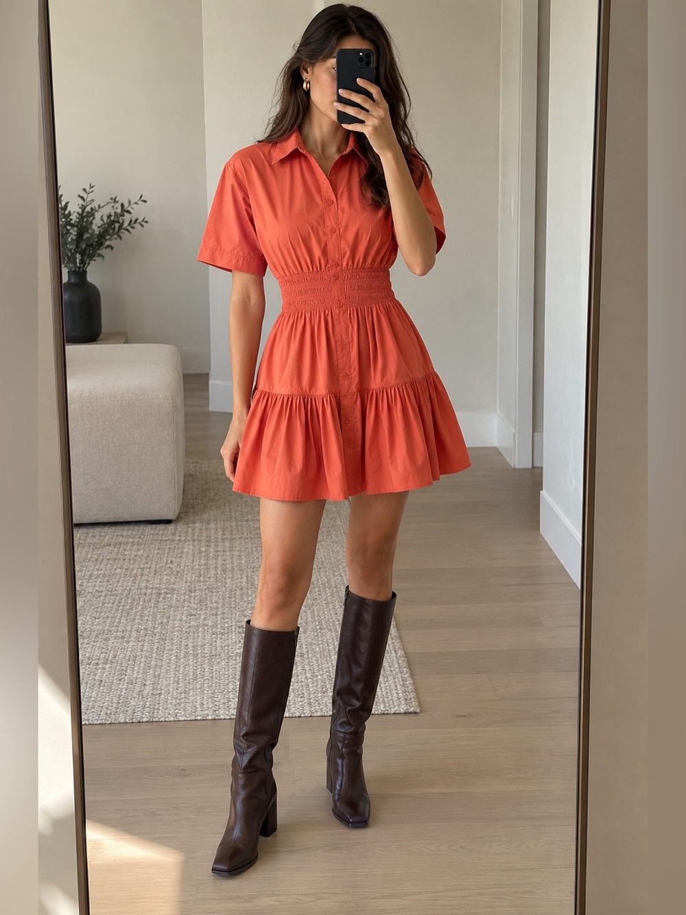 Veronica Beard Greta Smocked Waist Shirt Dress Persimmon Size 4 NWT